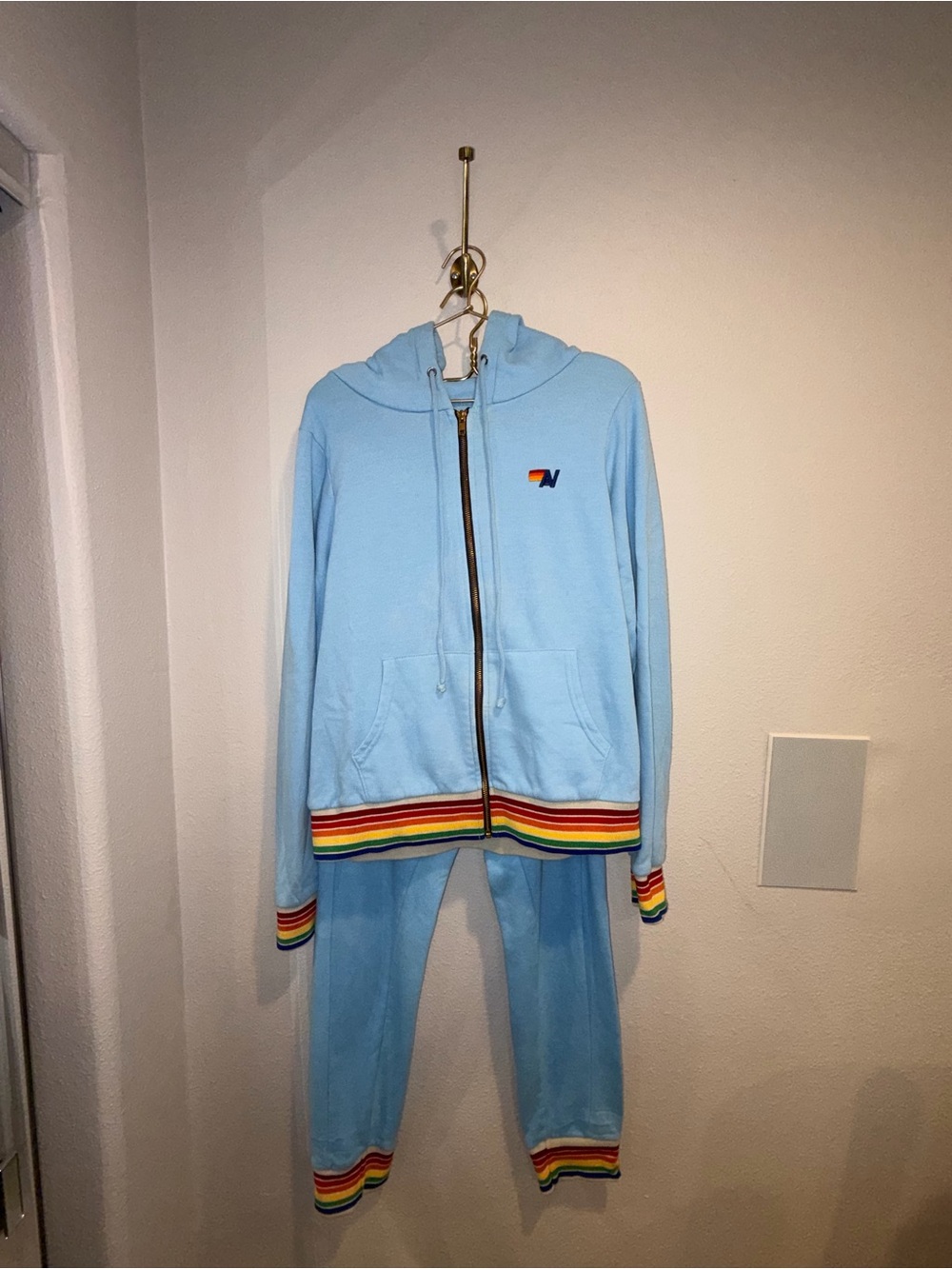 Aviator Nation Sky Blue Rainbow Stripe Zip-Up Hoodie (M) & Jogger Set